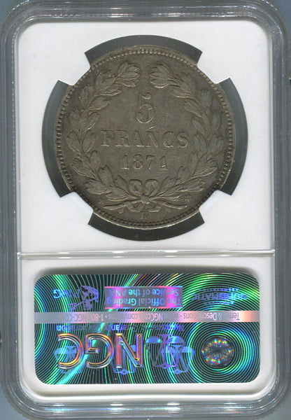 1871 K France 5 Franc Ceres Head, Silver. NGC XF45 Image 2