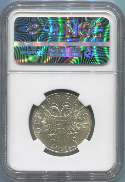 1936 Austria 2 Schilling Silver. NGC MS63. Prince Eugen of Savoy Image 2