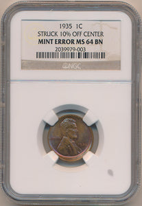 1935 Lincoln Wheat Cent, 10% Off Center. NGC Mint Error MS64 Brown Image 1