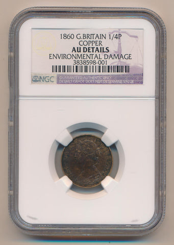 1860 Great Britain 1/4 Penny, NGC AU Details. Image 1