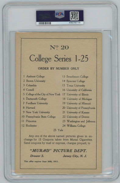 1910-11 Pennsylvania #20 T6 Murad Tobacco Prem. Large College Series Type 1 PSA  Image 2