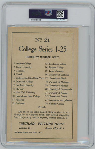 1910-11 KANSAS #21 T6 Murad Tobacco Premium Large College Series Type 1 PSA  Image 2