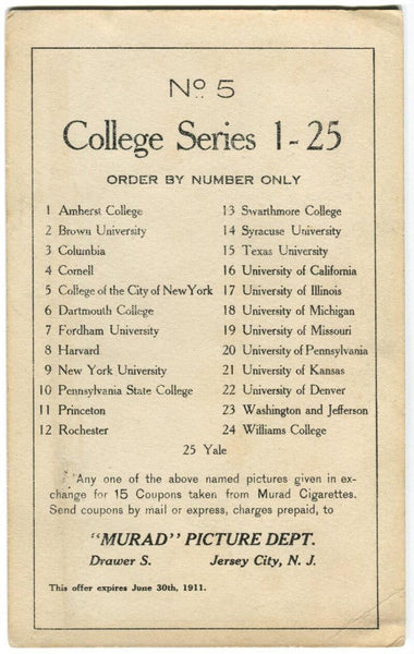 1910-11 City College New York #5 T6 Murad Tobacco Prem. Large Series Type 1 Image 2