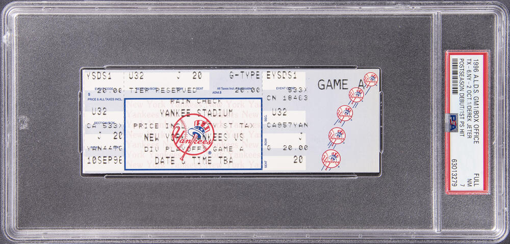 Derek Jeter 1996 ALDS Game 1 Full Ticket Playoff Debut 1st Hit. Finest Known, PSA NM 7 Image 1