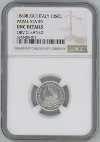 1869 R XXIII Italy 10 Soldi. Papal States. NGC Unc Details Image 1