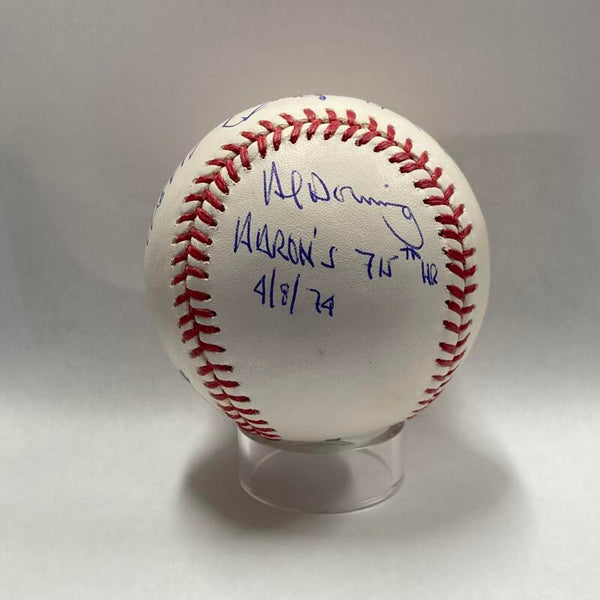 Hank Aaron and Al Downing Multi-Signed Baseball Inscribed by Downing "Aaron's 715th HR 4/8/74". Grade 9 PSA Image 2
