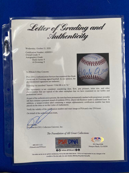 Hank Aaron and Al Downing Multi-Signed Baseball Inscribed by Downing "Aaron's 715th HR 4/8/74". Grade 9 PSA Image 5