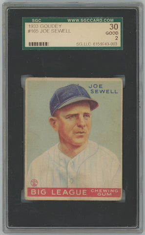 1933 Goudey Joe Sewell #165 Big League Chewing Gum Card. SGC 2 Image 1