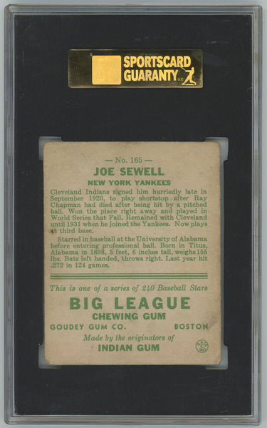 1933 Goudey Joe Sewell #165 Big League Chewing Gum Card. SGC 2 Image 2