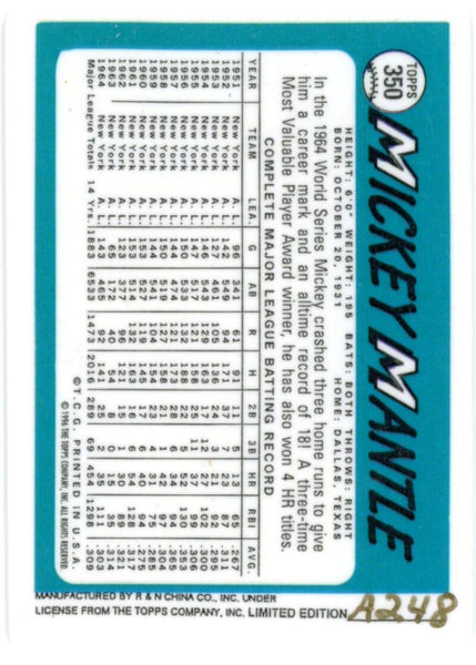 1996 Mickey Mantle 1965 Topps #350 Porcelain RP. Limited Edition A248 Image 2