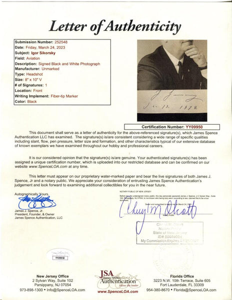 Igor Sikorsky Signed 8x10 Photograph. Auto JSA (jm) Image 2