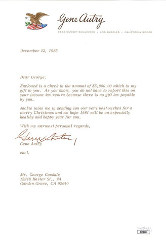 1983 California Angels Gene Autry Signed Letter w/ Envelope. Auto JSA Image 1