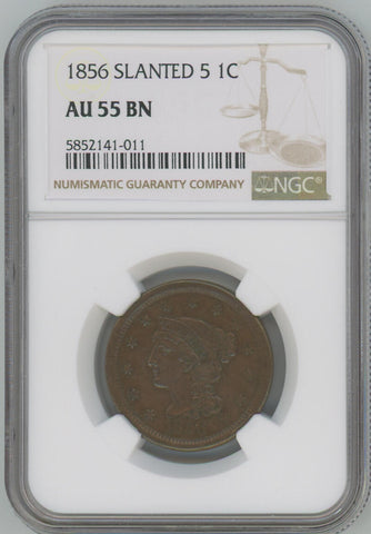1856 Slanted 5 Braided Hair Large Cent, NGC AU55 BN Image 1