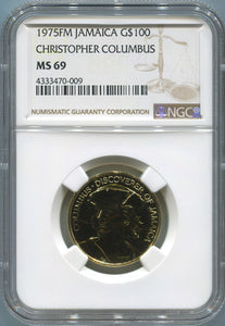1975 Jamaica $100 Gold Coin. NGC MS69. Christopher Columbus Image 1
