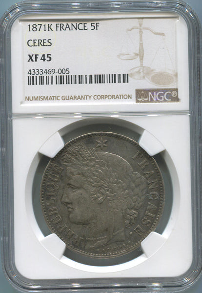 1871 K France 5 Franc Ceres Head, Silver. NGC XF45 Image 1