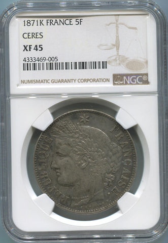 1871 K France 5 Franc Ceres Head, Silver. NGC XF45 Image 1