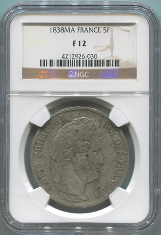 1838 MA France Silver 5 Franc. NGC F12 Image 1