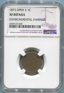 1873 Open 3 Indian Cent. NGC XF Details Image 1