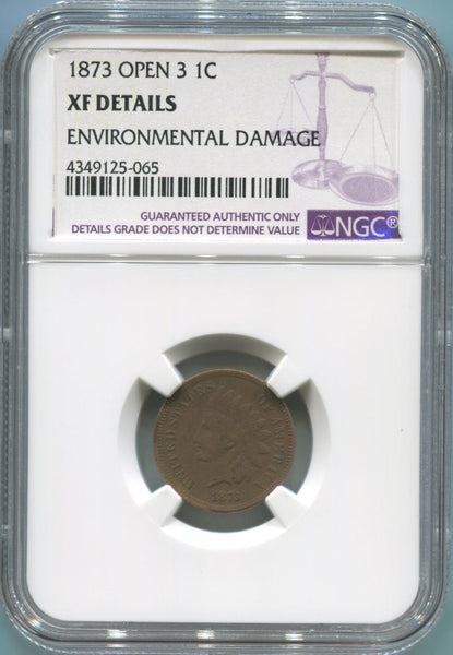 1873 Open 3 Indian Cent. NGC XF Details Image 1