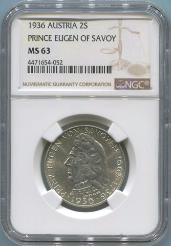 1936 Austria 2 Schilling Silver. NGC MS63. Prince Eugen of Savoy Image 1