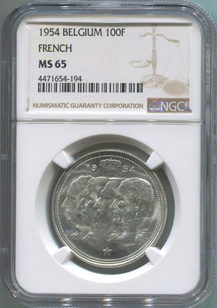 1954 Belgium 100 Franc. French. NGC MS65 Top Pop Image 1