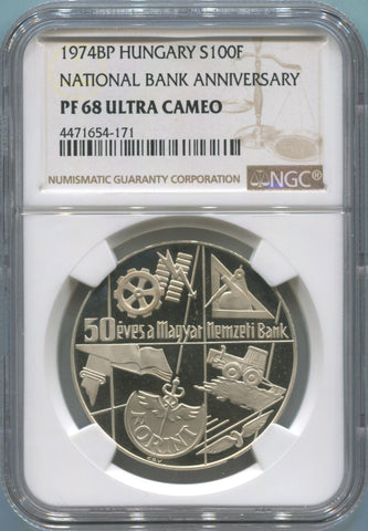 1974 BP Hungary Silver 100 Florint. Bank Anniversary. NGC PF68 Ultra Cameo Image 1