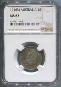 1916 M Australia 1 Shilling Silver. NGC MS62. Gorgeous Toning. Image 1