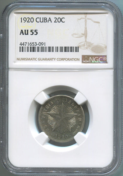 1920 Cuba 20 Centavos Silver. NGC AU55. Image 1