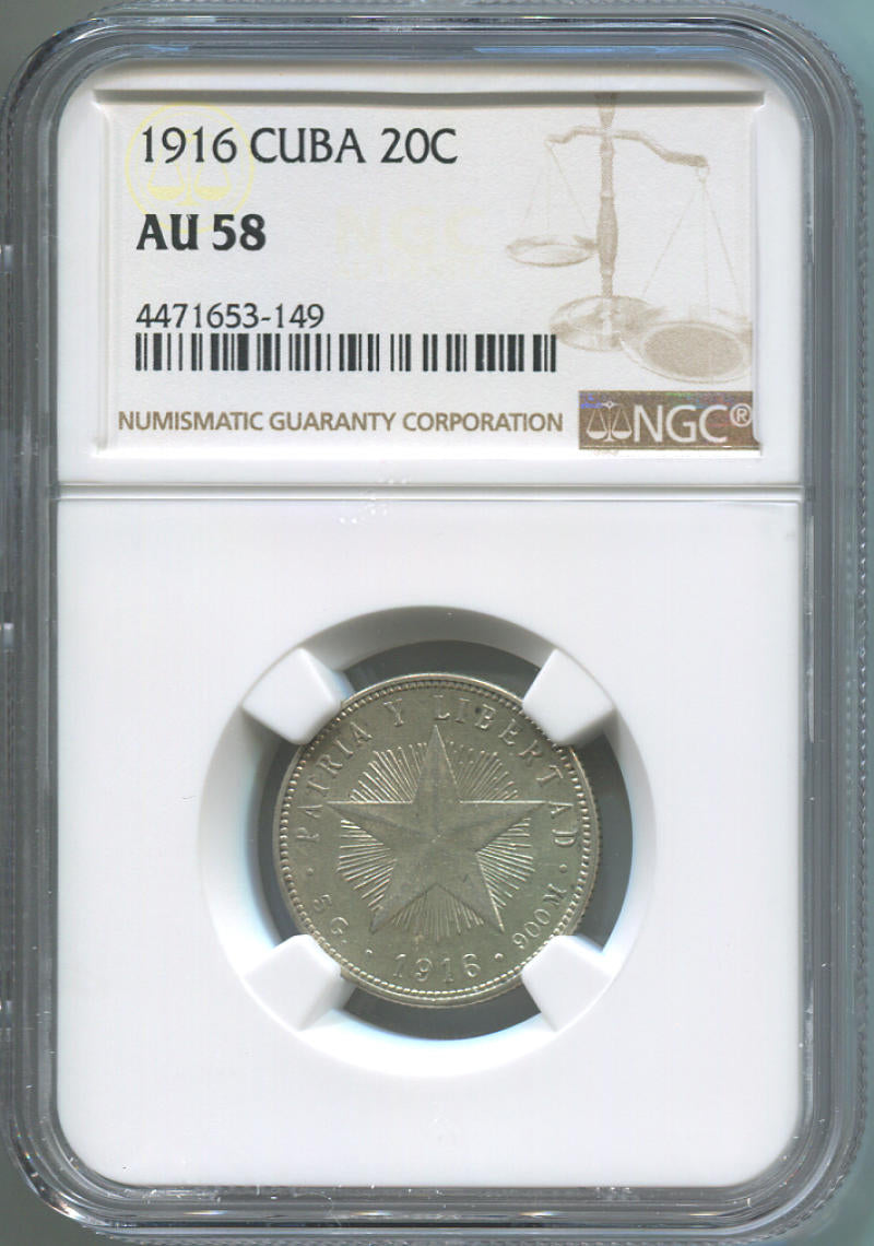 1916 Cuba 20 Centavos Silver. NGC AU58. Image 1