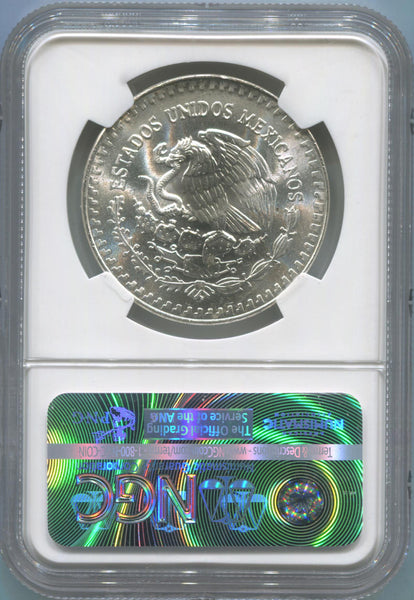 1984 MO Mexico Silver 1 Onza, Reverse Struck Thru. NGC Mint Error MS66