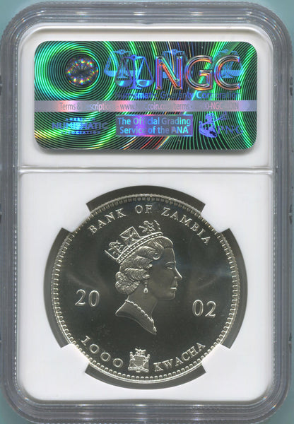 2002 Zambia Silver 1000 Kwacha. 1 Oz. of .999 Silver. NGC MS69 Image 2