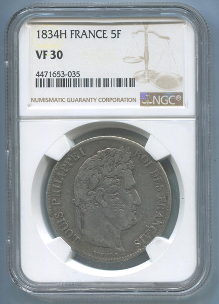1834 H France Silver 5 Franc. NGC VF30 Image 1