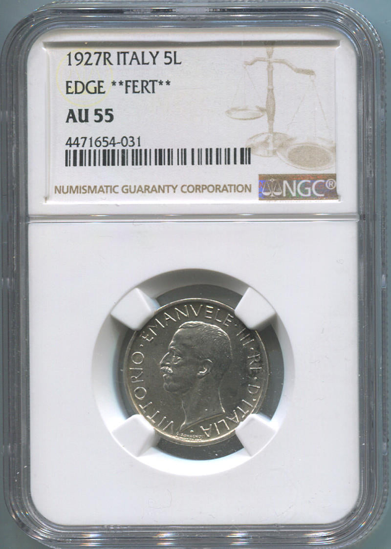 1927 R Italy 5 lire. NGC AU55 Image 1