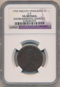 1793 Wreath Cent. Vine & Bars. S-9 NGC VG Details Image 1