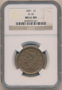1851 Braided Hair Large Cent, N-18 NGC MS61 Brown Image 1