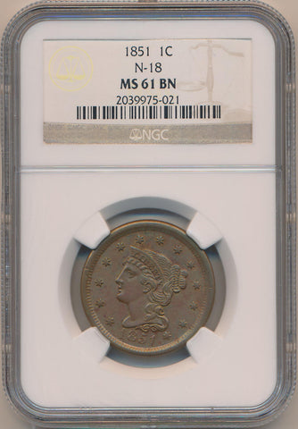 1851 Braided Hair Large Cent, N-18 NGC MS61 Brown Image 1