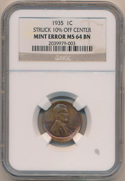 1935 Lincoln Wheat Cent, 10% Off Center. NGC Mint Error MS64 Brown Image 1