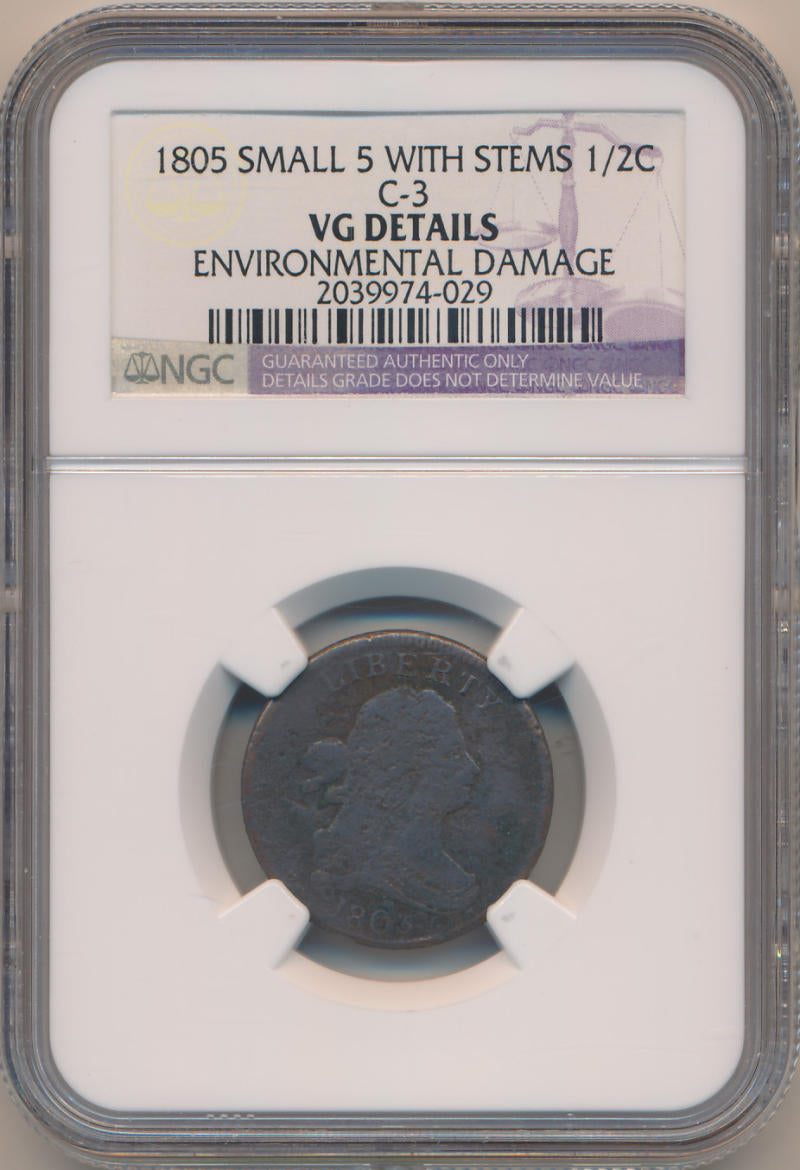 1805 Small 5 W Stems Draped Bust Half Cent. C-3 NGC VG details Inv #MC3 Image 1