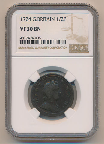 1724 Great Britain 1/2 Penny. NGC VF30 Brown Image 1