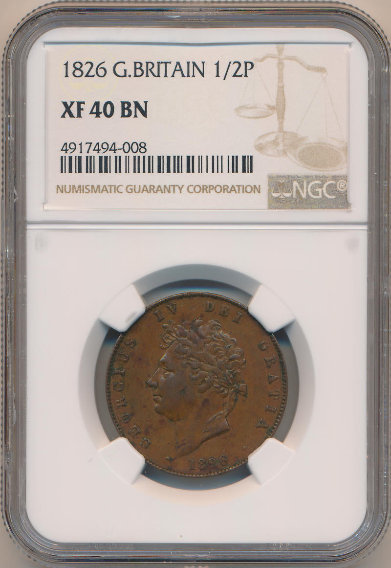 1826 Great Britain 1/2 Penny. NGC XF40 Brown Image 1