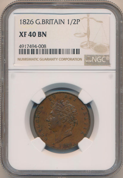 1826 Great Britain 1/2 Penny. NGC XF40 Brown Image 1