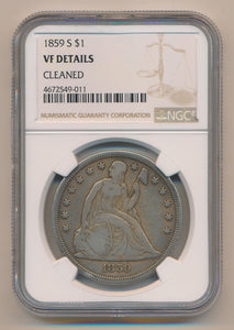 1859 S Seated Liberty Dollar. NGC VF Details Image 1