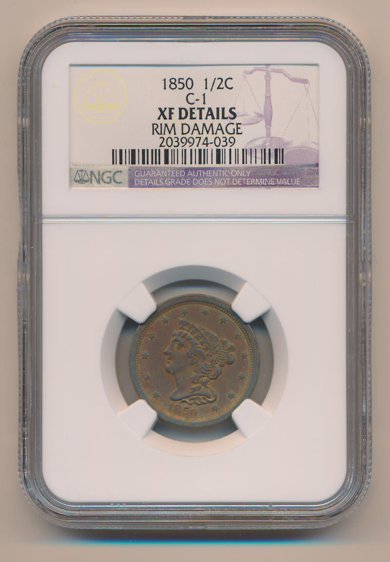 1850 Braided Hair Half Cent, C-1. NGC XF Details Image 1