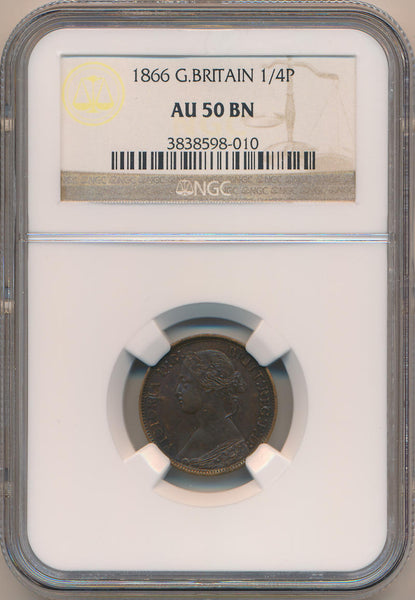 1866 Great Britain Farthing, 1/4 Penny, NGC AU50 Brown Image 1