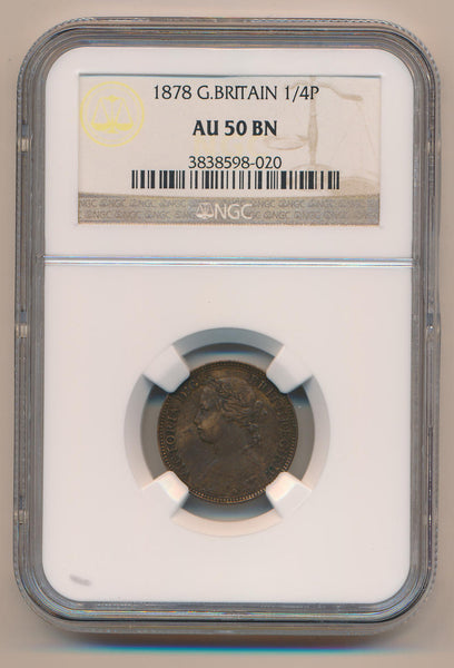 1878 Great Britain Farthing, 1/4 Penny, NGC AU50 Brown Image 1
