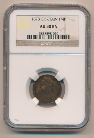 1878 Great Britain Farthing, 1/4 Penny, NGC AU50 Brown Image 1