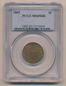 1865 Two Cent Piece, PCGS MS65 Red Brown Image 1