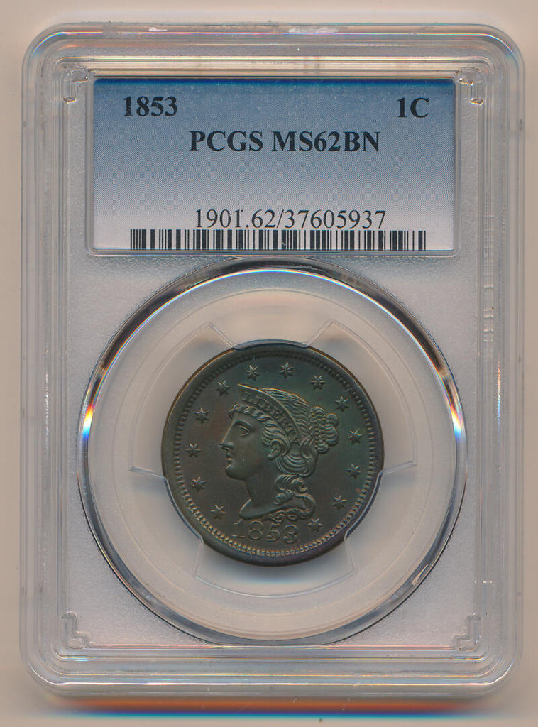 1853 Braided Hair Large Cent, PCGS MS62 Brown – Brigandi Coins