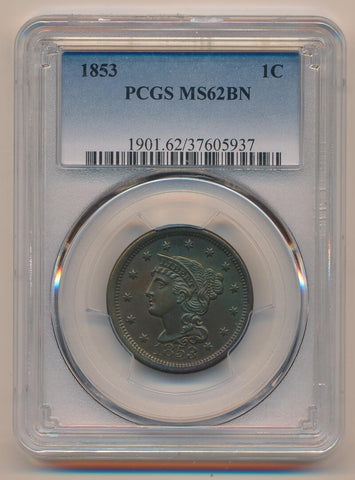 1853 Braided Hair Large Cent, PCGS MS62 Brown Image 1