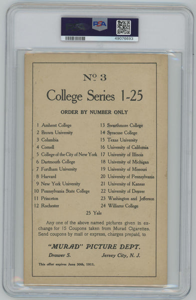 1910-11 COLUMBIA #3 T6 Murad Tobacco Premium Large College Series Type 1 PSA  Image 2
